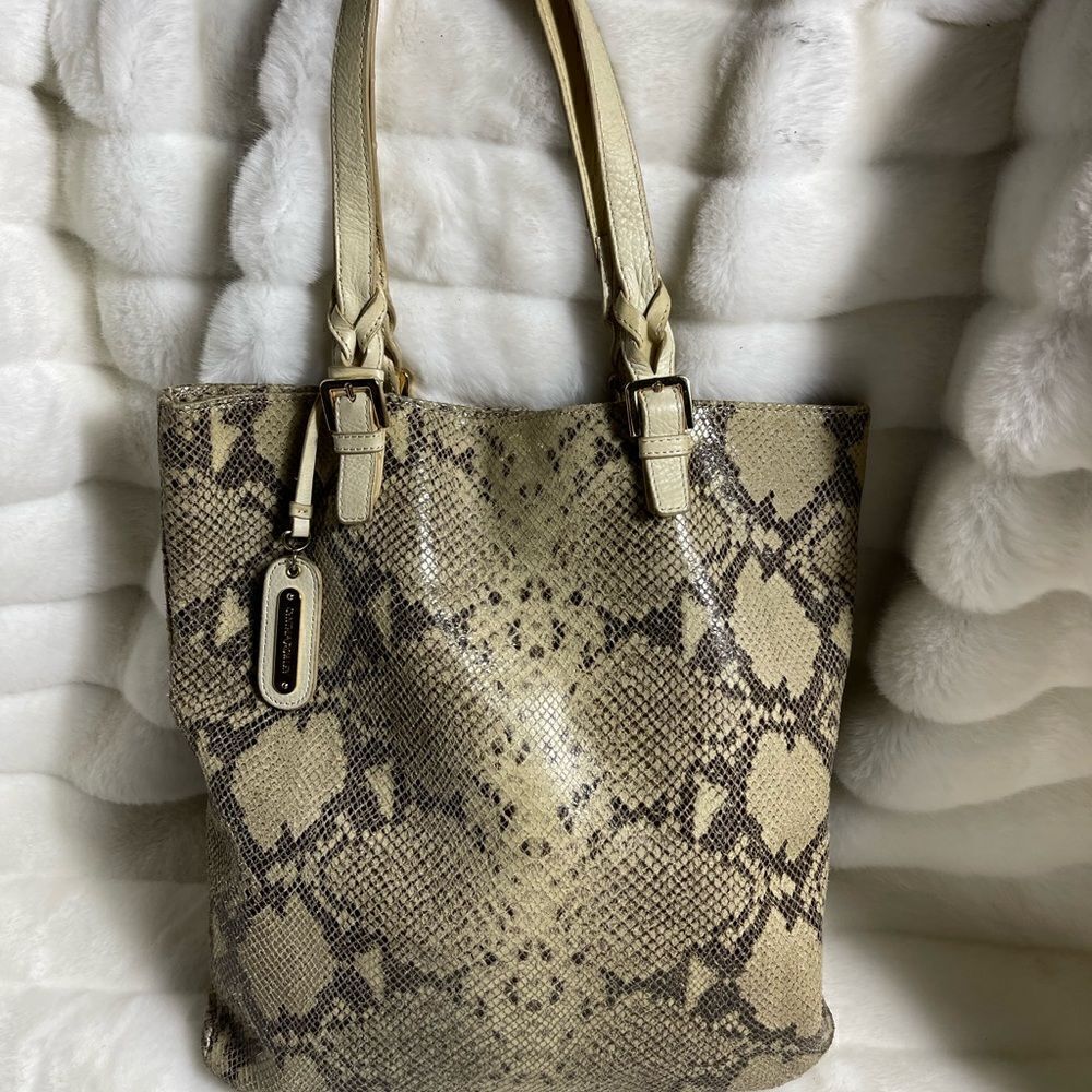 Cynthia Rowley Leather Beige and dark gray snake skin prints large tote bag